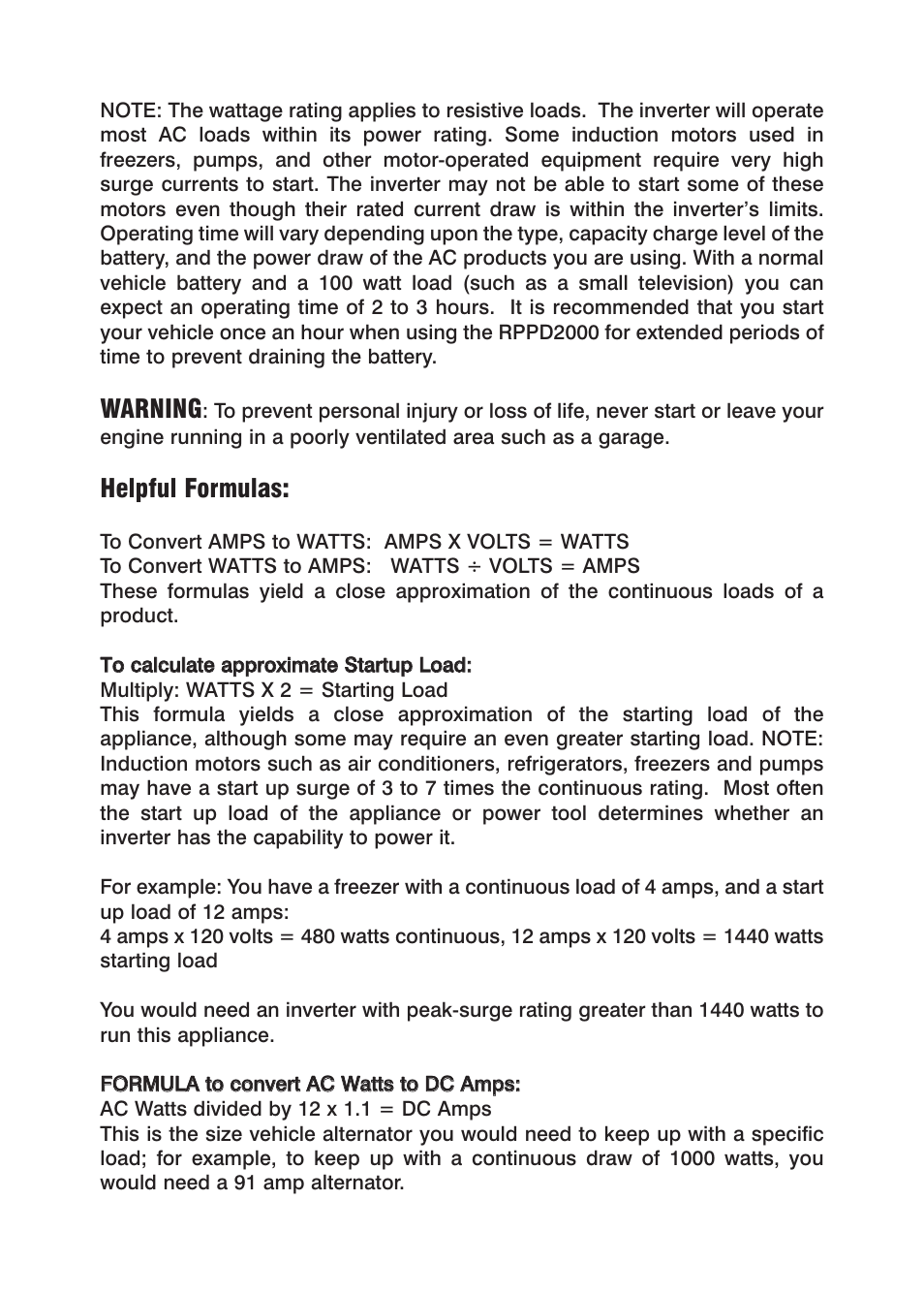 Warning, Helpful formulas | Power Drive 2000 User Manual | Page 8 / 12