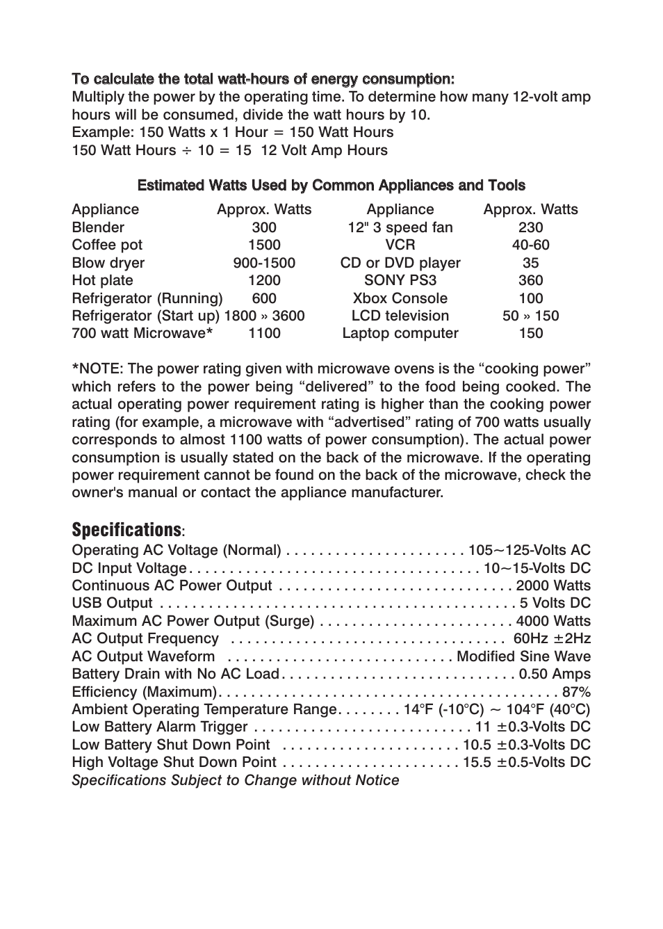 Specifications | Power Drive 2000 User Manual | Page 9 / 12