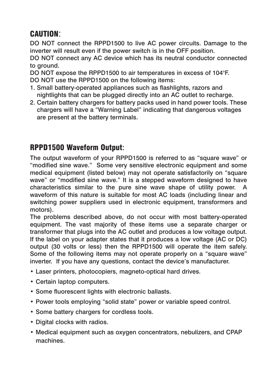 Caution, Rppd1500 waveform output | Power Drive 1500 User Manual | Page 3 / 12