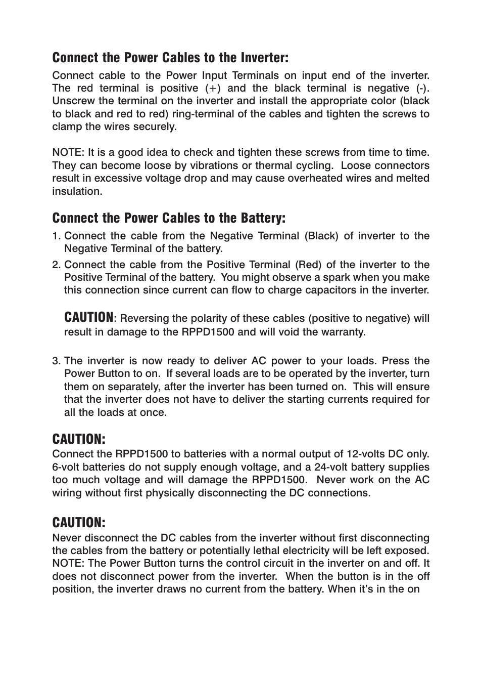 Connect the power cables to the inverter, Connect the power cables to the battery, Caution | Power Drive 1500 User Manual | Page 5 / 12