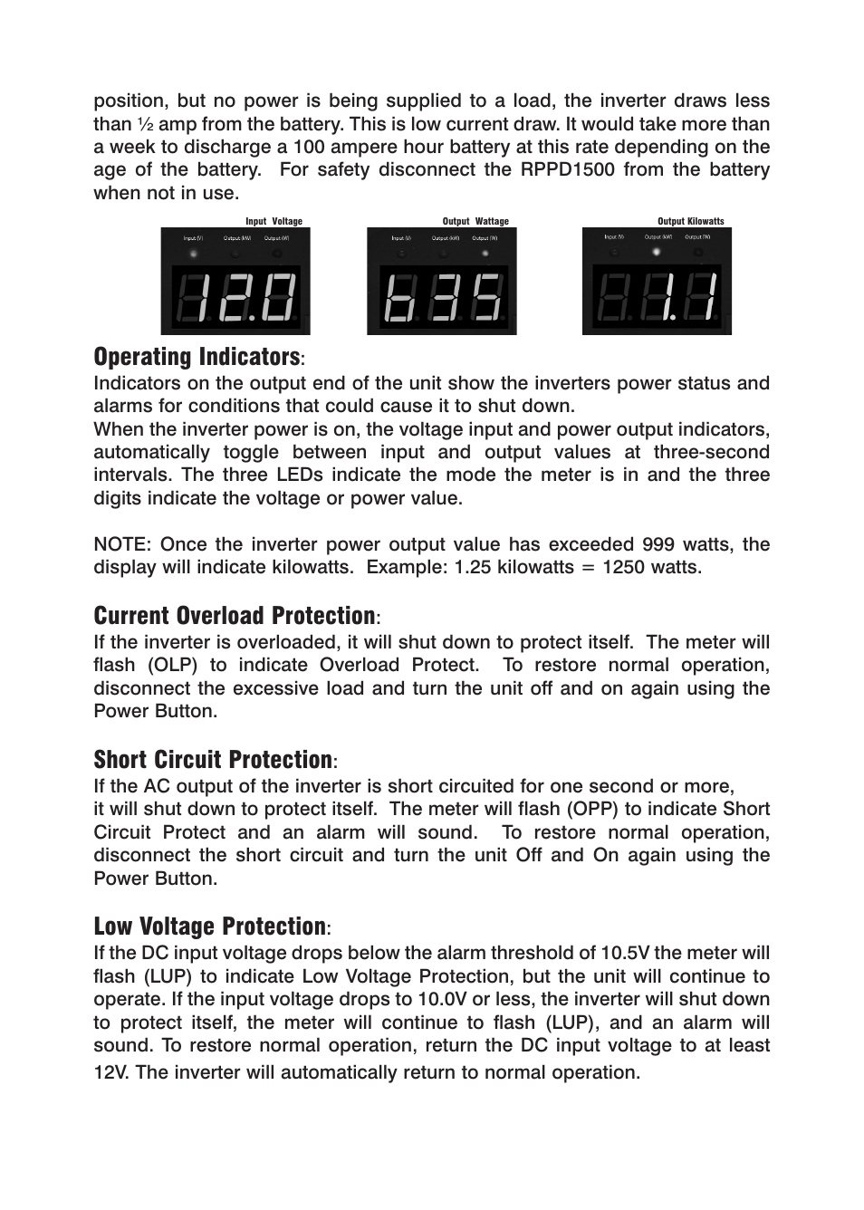 Operating indicators, Current overload protection, Short circuit protection | Low voltage protection | Power Drive 1500 User Manual | Page 6 / 12