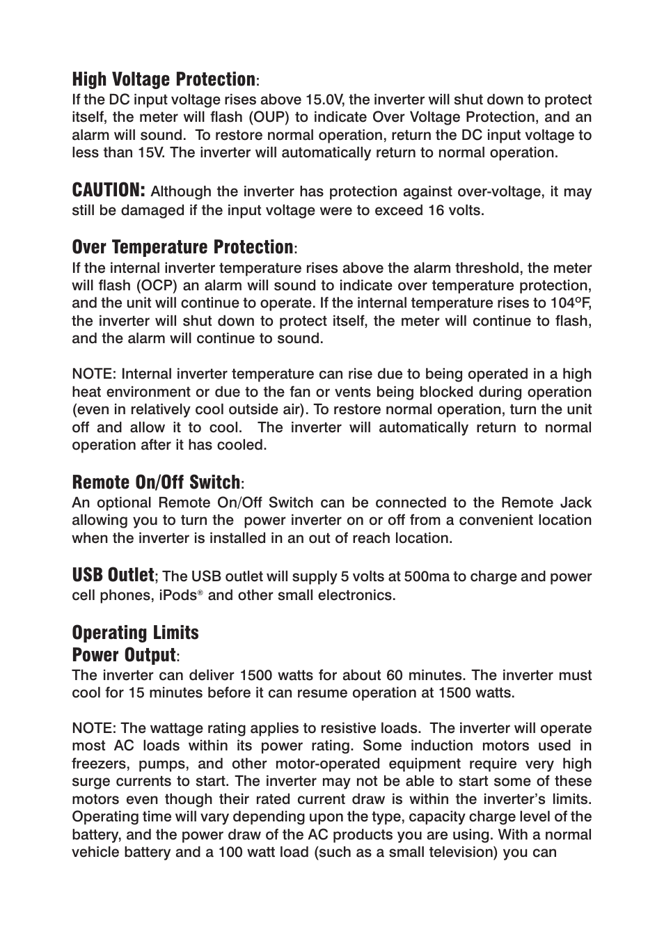 High voltage protection, Caution, Over temperature protection | Remote on/off switch, Usb outlet, Operating limits power output | Power Drive 1500 User Manual | Page 7 / 12