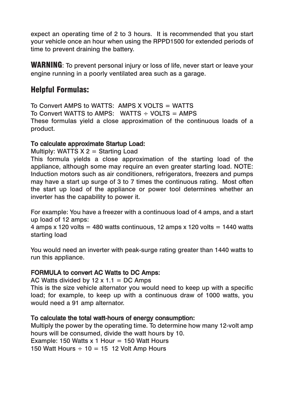 Warning, Helpful formulas | Power Drive 1500 User Manual | Page 8 / 12