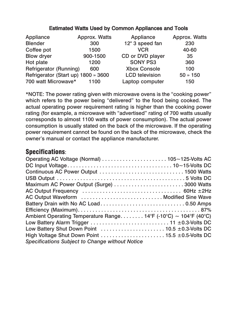 Specifications | Power Drive 1500 User Manual | Page 9 / 12