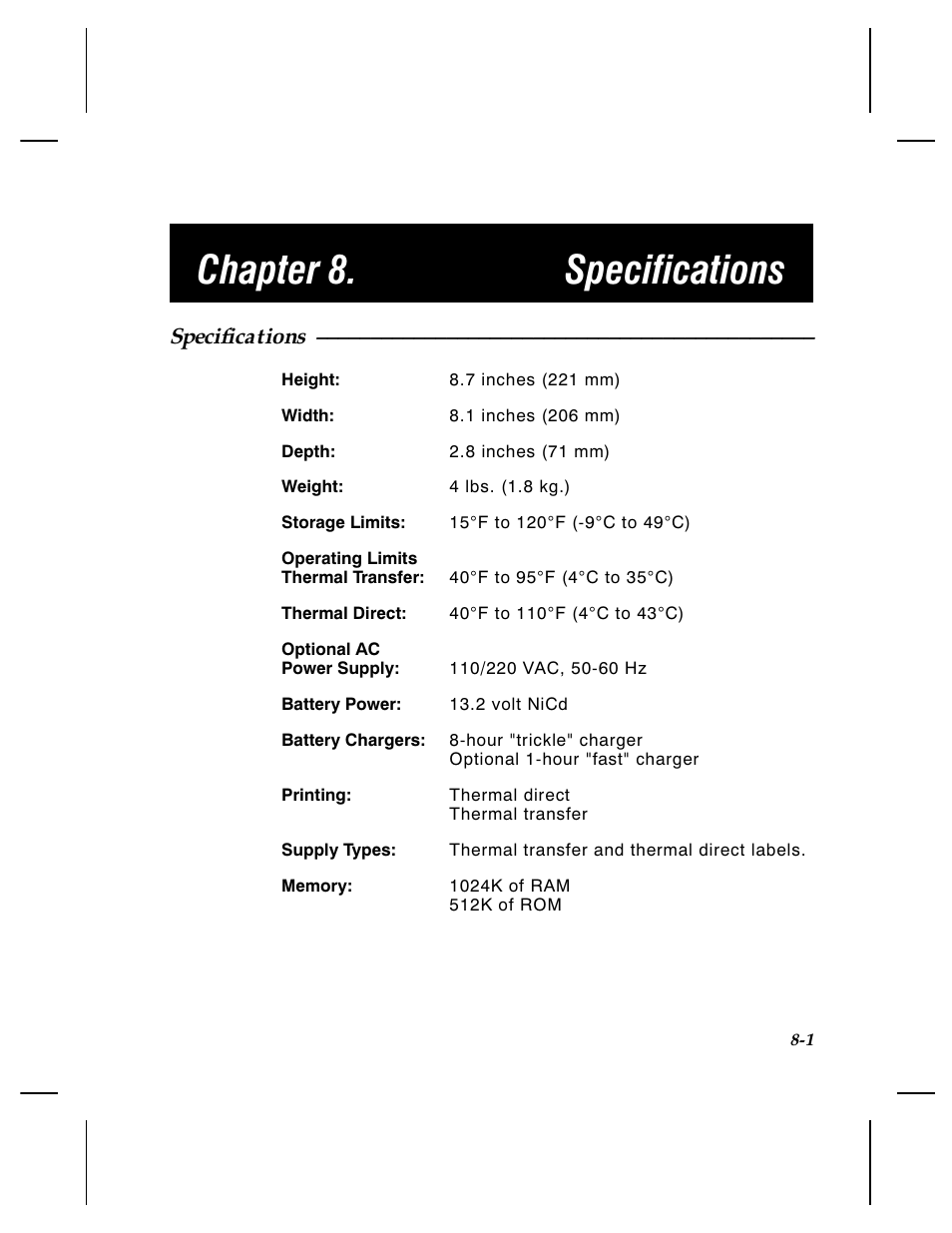 Chapter 8. specifications, Specifications | Paxar 4 User Manual | Page 48 / 54