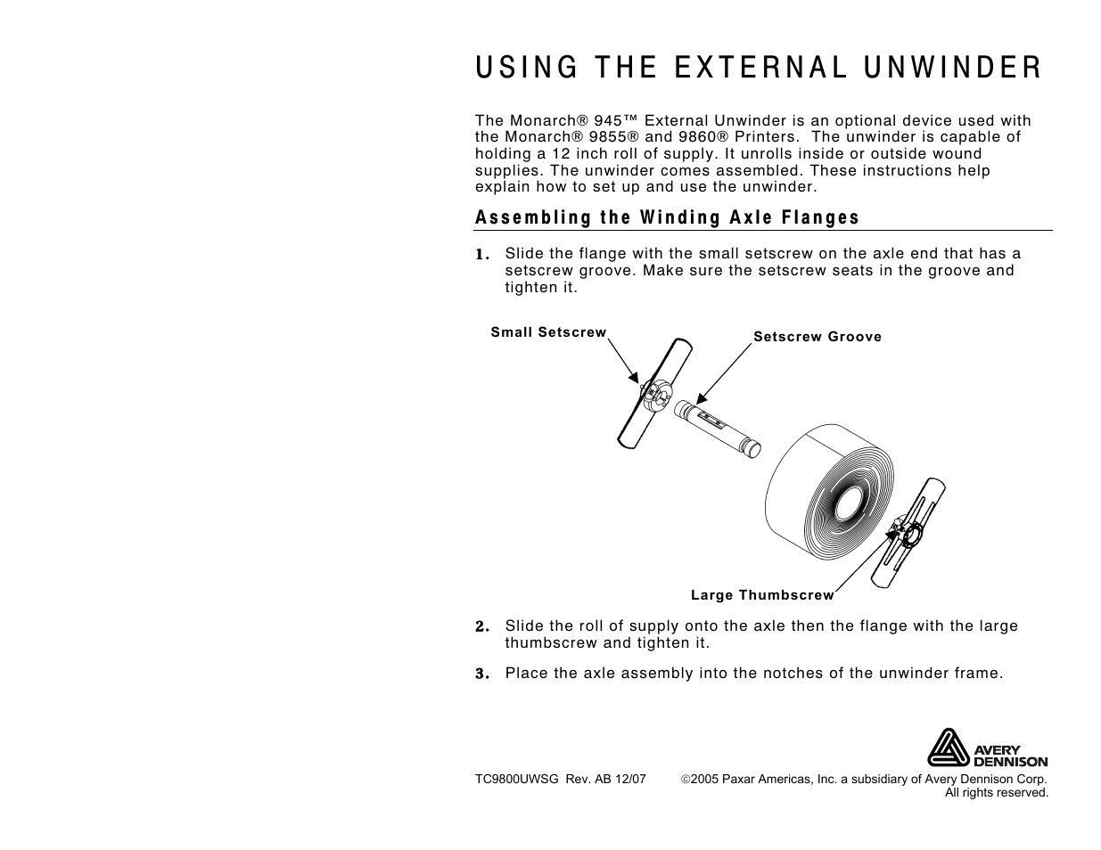 Paxar External Unwinder Monarch 945 User Manual | 2 pages