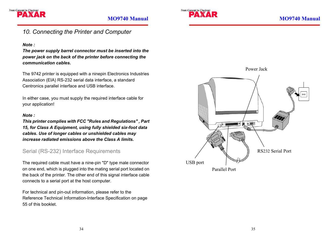Connecting the printer and computer, Serial (rs-232) interface requirements | Paxar MO 9742 User Manual | Page 18 / 35