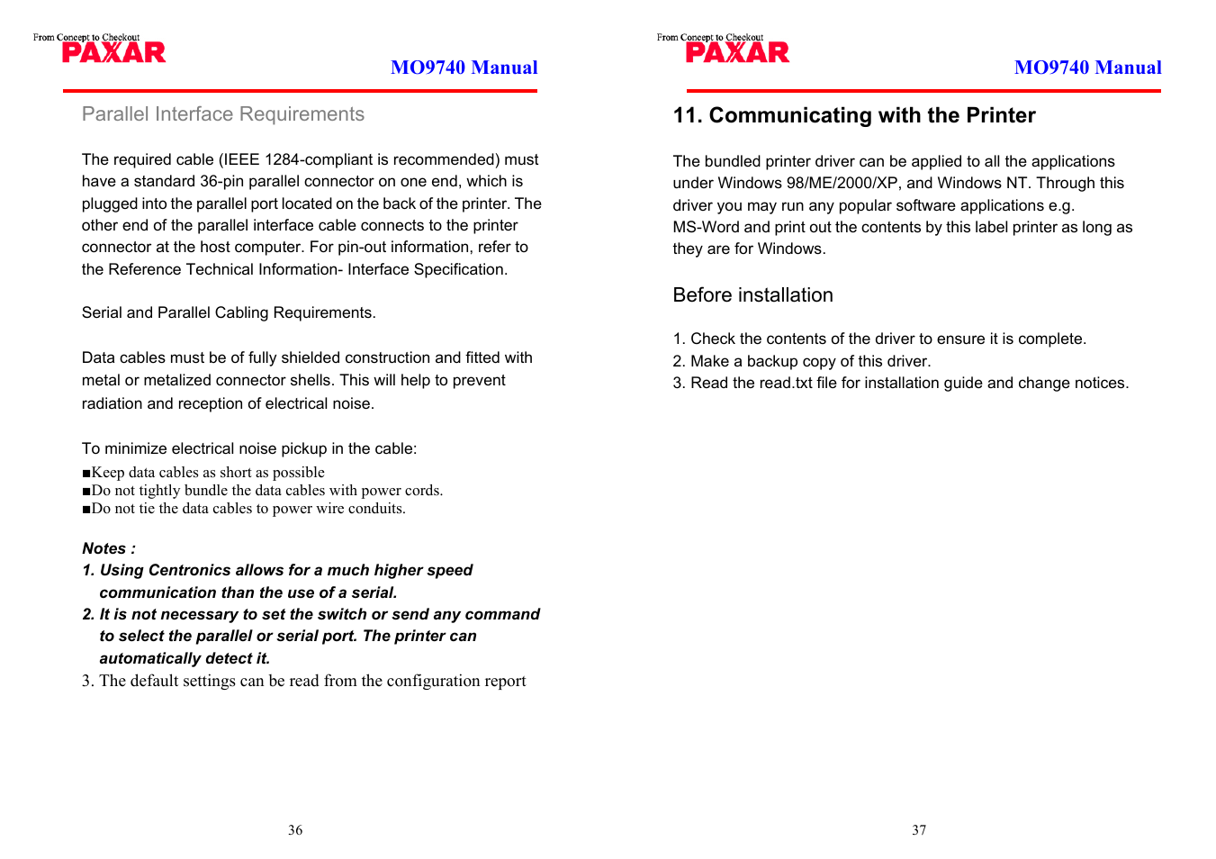 Parallel interface requirements, Communicating with the printer | Paxar MO 9742 User Manual | Page 19 / 35