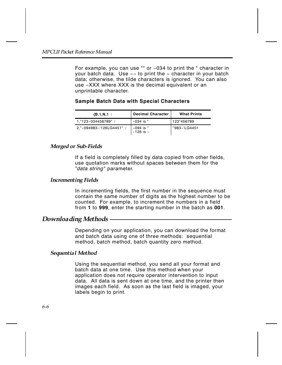 Downloading methods, Merged or sub-fields, Incrementing fields | Sequential method | Paxar Monarch TCMPCL2PR User Manual | Page 100 / 217