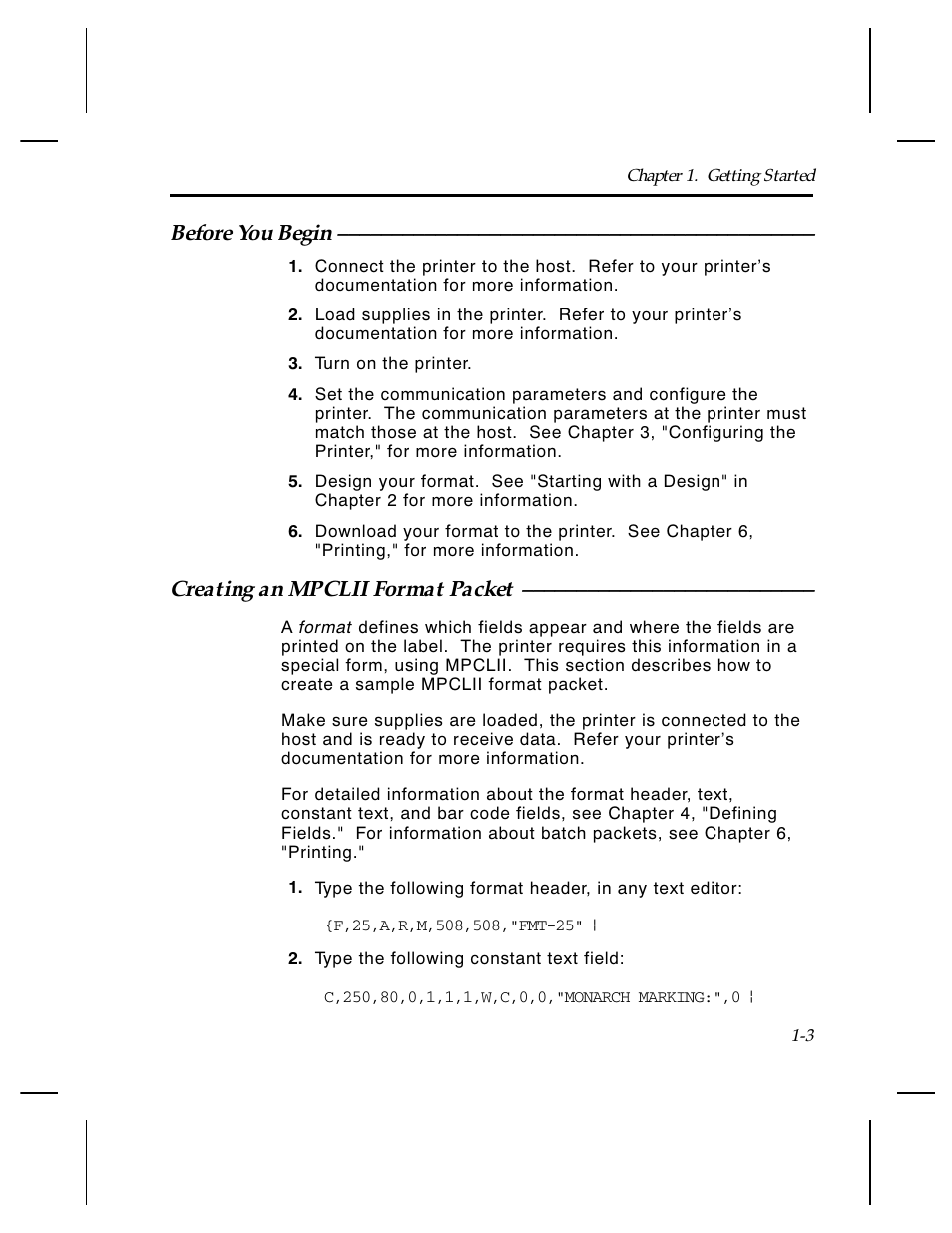 Before you begin, Creating an mpclii format packet | Paxar Monarch TCMPCL2PR User Manual | Page 11 / 217