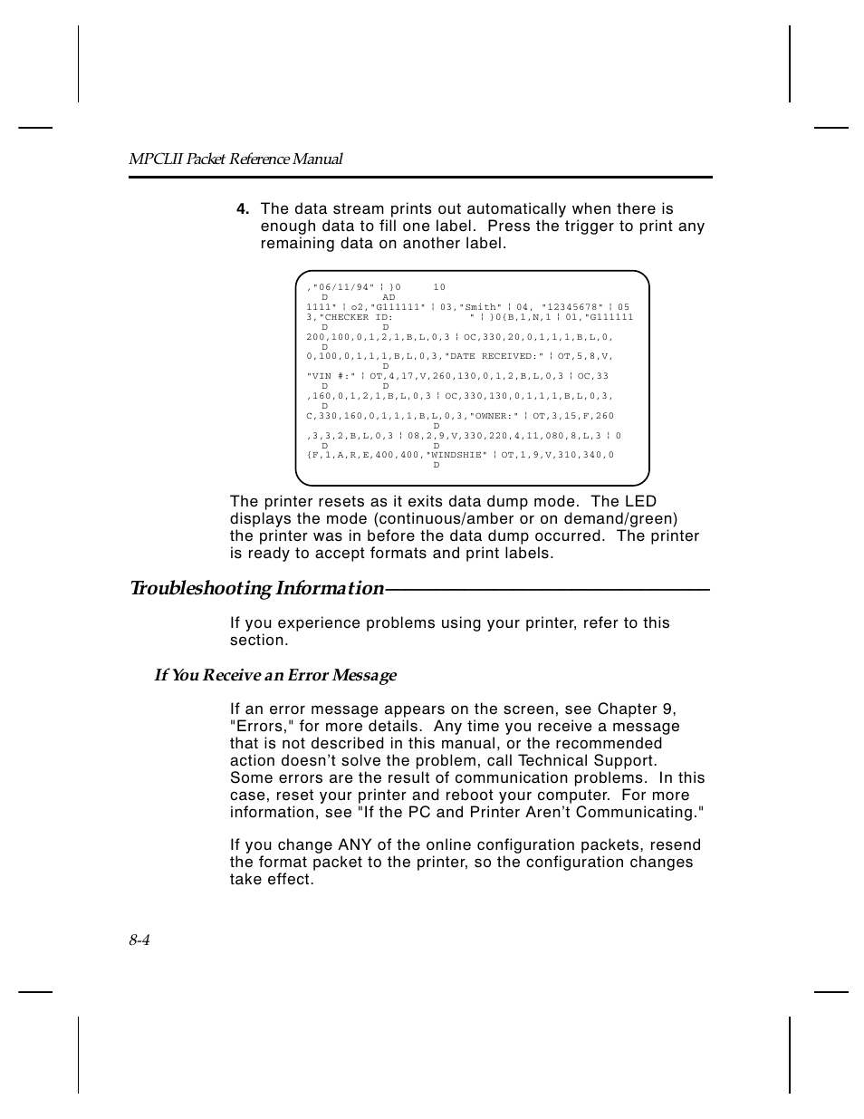 Troubleshooting information, If you receive an error message | Paxar Monarch TCMPCL2PR User Manual | Page 120 / 217