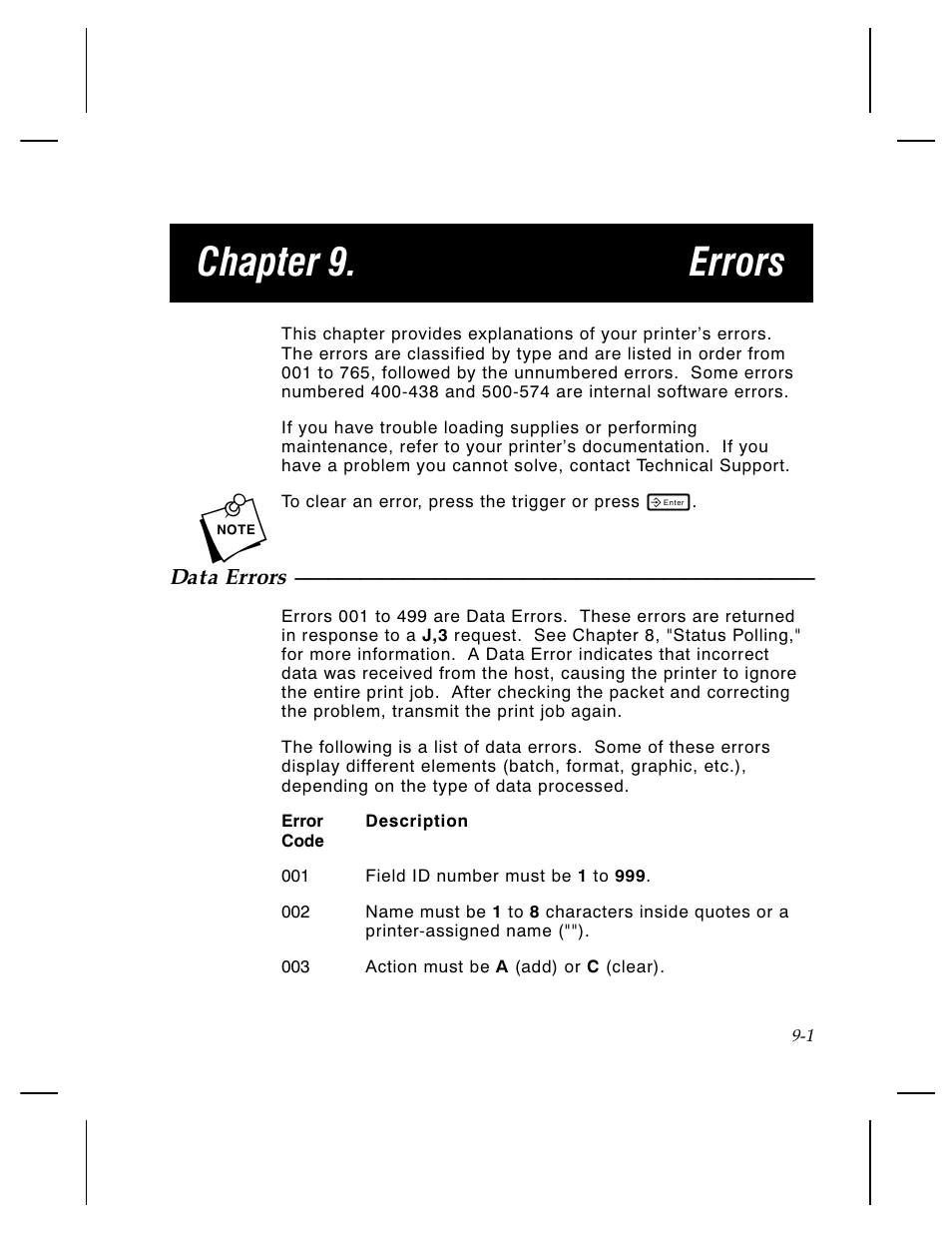 Chapter 9. errors | Paxar Monarch TCMPCL2PR User Manual | Page 123 / 217