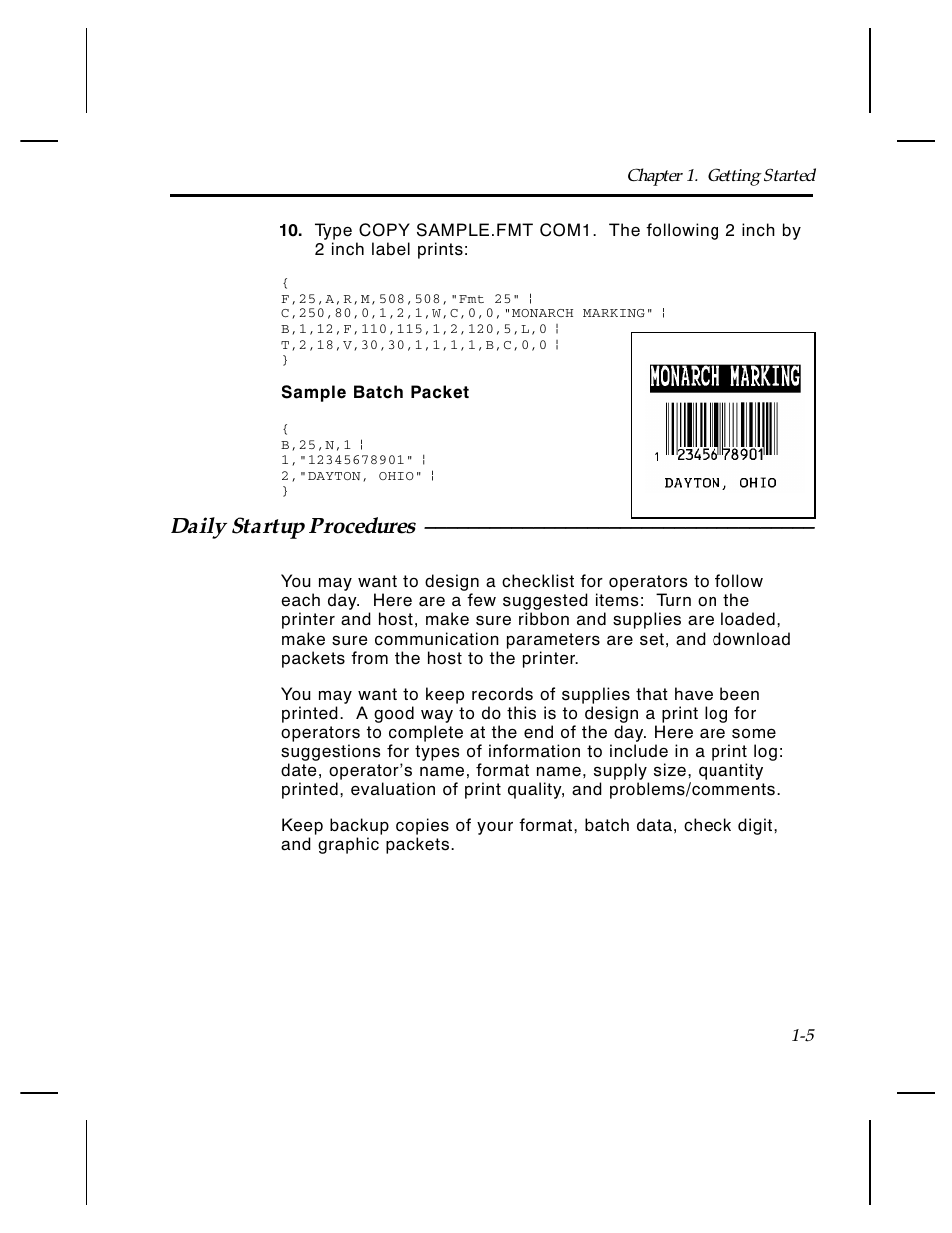 Daily startup procedures | Paxar Monarch TCMPCL2PR User Manual | Page 13 / 217