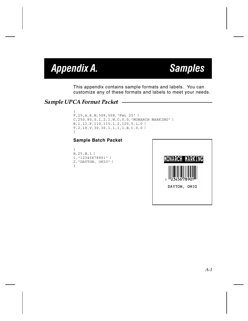 Appendix a. samples, Sample upca format packet | Paxar Monarch TCMPCL2PR User Manual | Page 155 / 217