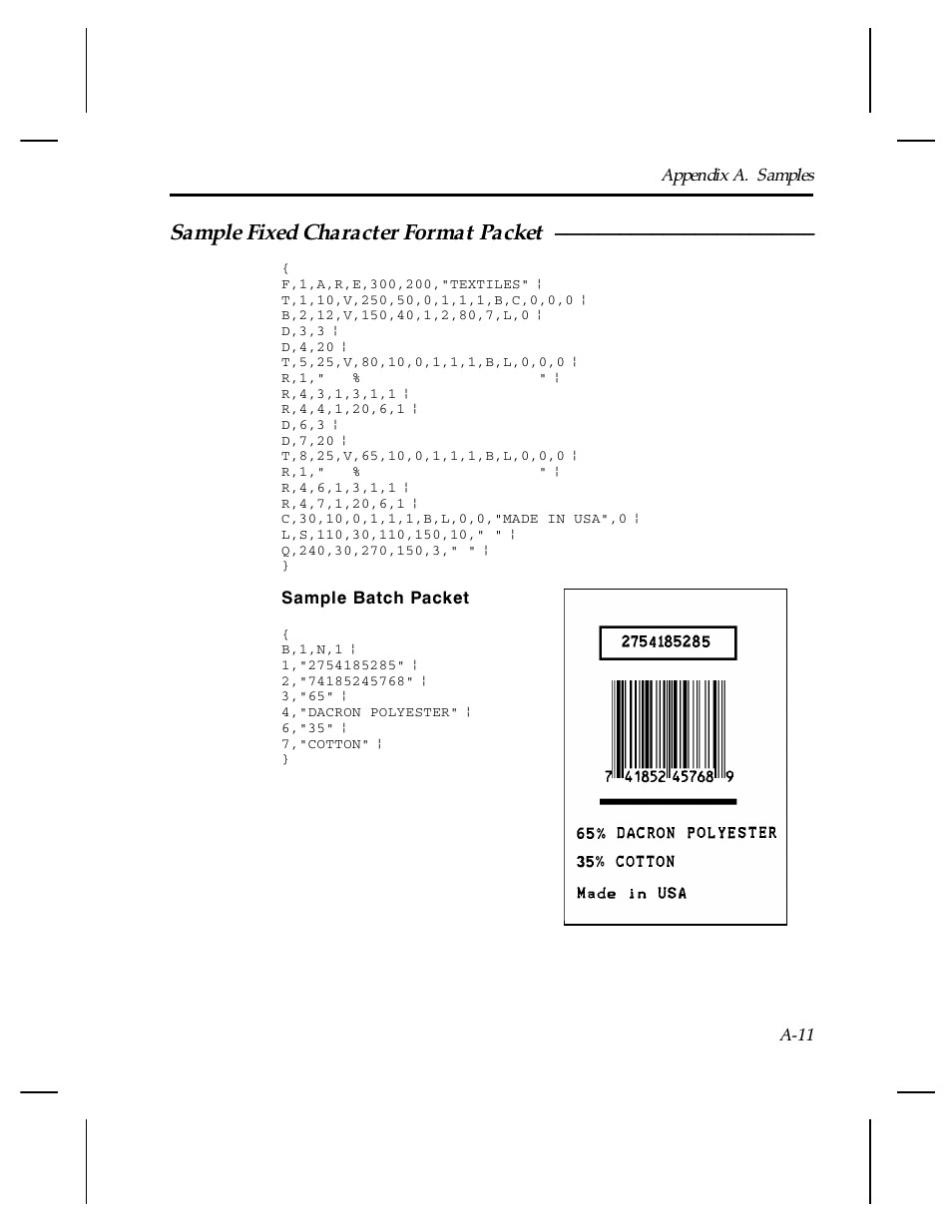 Sample fixed character format packet | Paxar Monarch TCMPCL2PR User Manual | Page 165 / 217