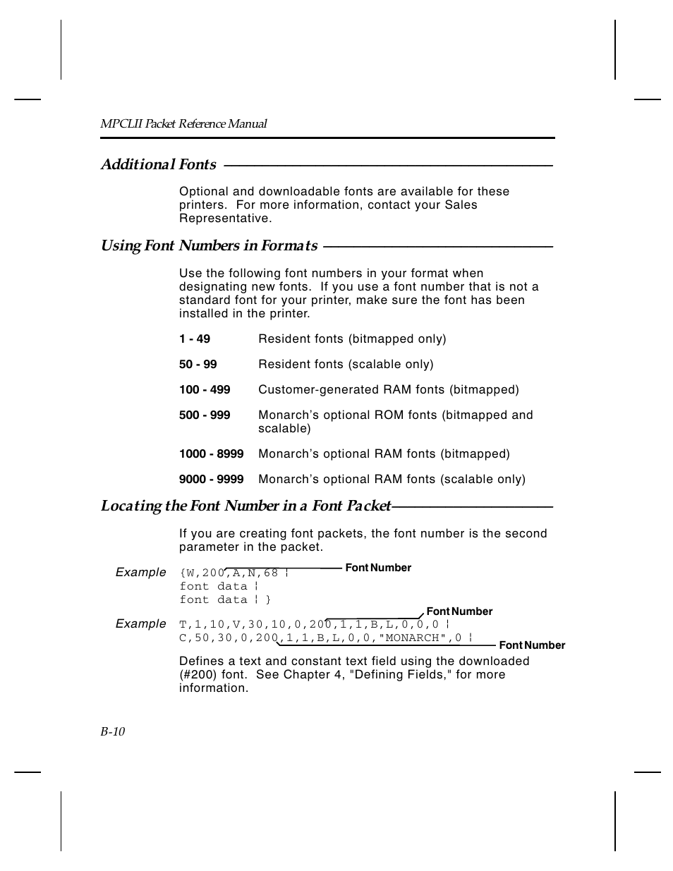 Additional fonts, Using font numbers in formats, Locating the font number in a font packet | Paxar Monarch TCMPCL2PR User Manual | Page 176 / 217