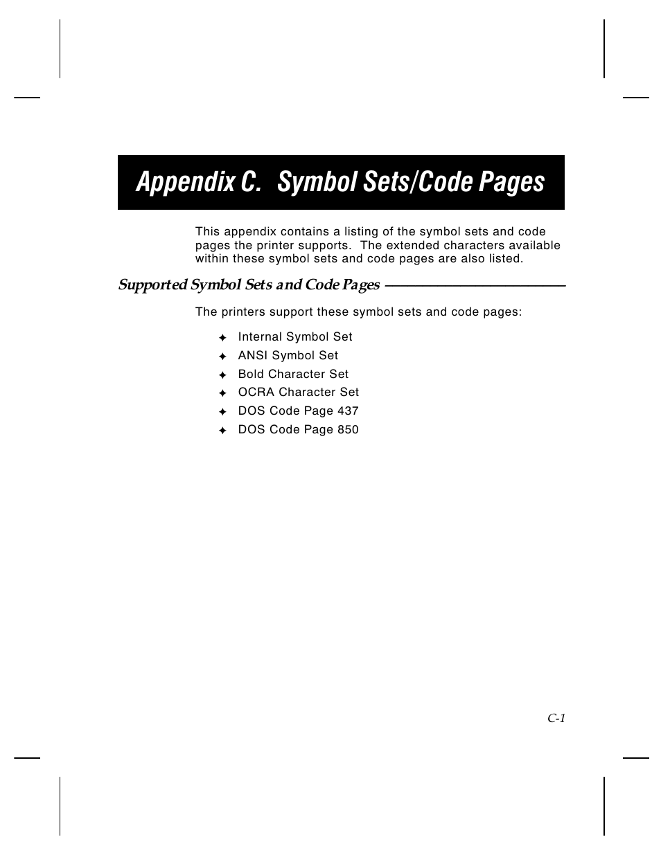 Appendix c. symbol sets/code pages, Supported symbol sets and code pages | Paxar Monarch TCMPCL2PR User Manual | Page 177 / 217