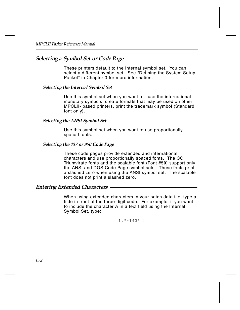 Selecting a symbol set or code page, Entering extended characters | Paxar Monarch TCMPCL2PR User Manual | Page 178 / 217