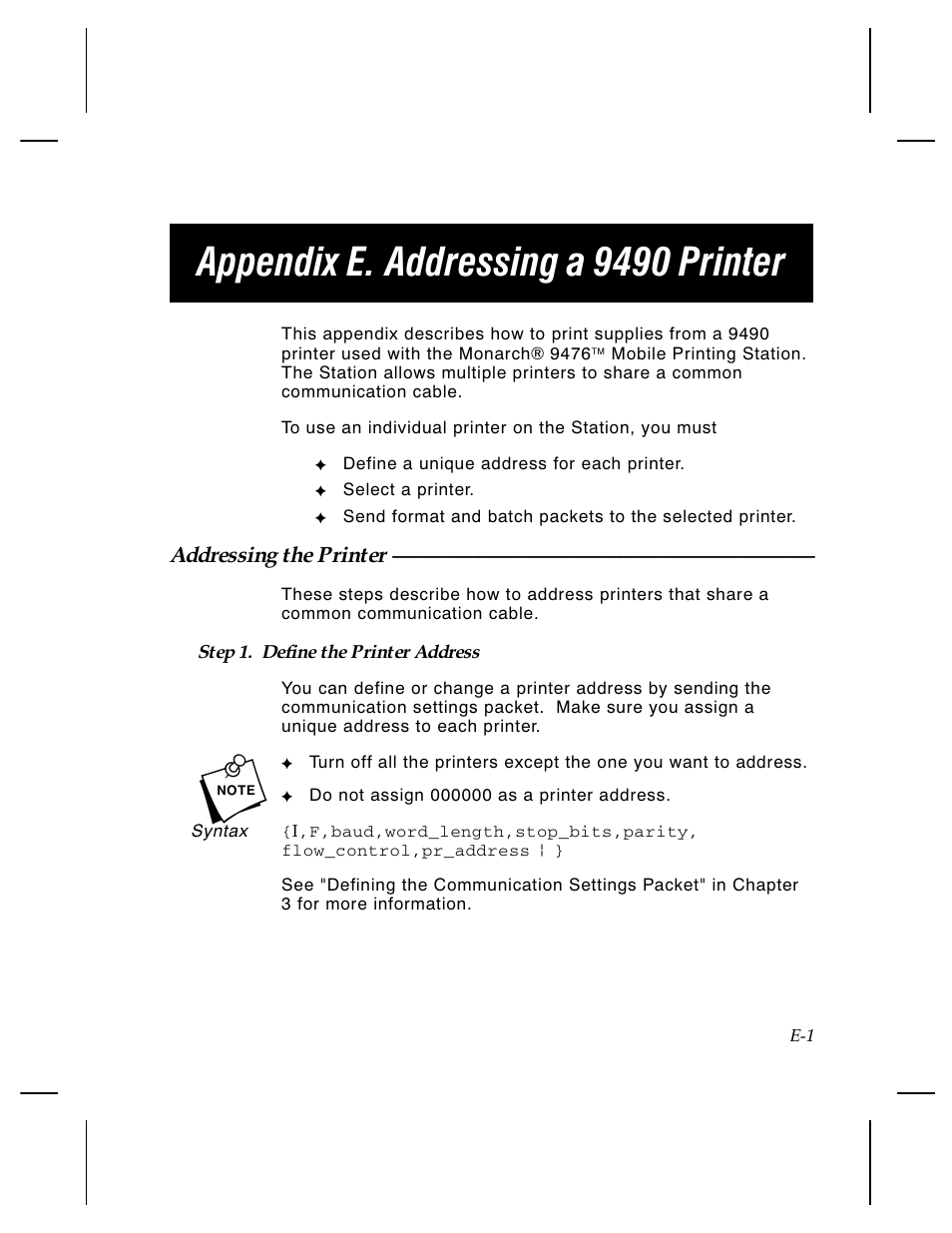 Appendix e. addressing a 9490 printer | Paxar Monarch TCMPCL2PR User Manual | Page 198 / 217