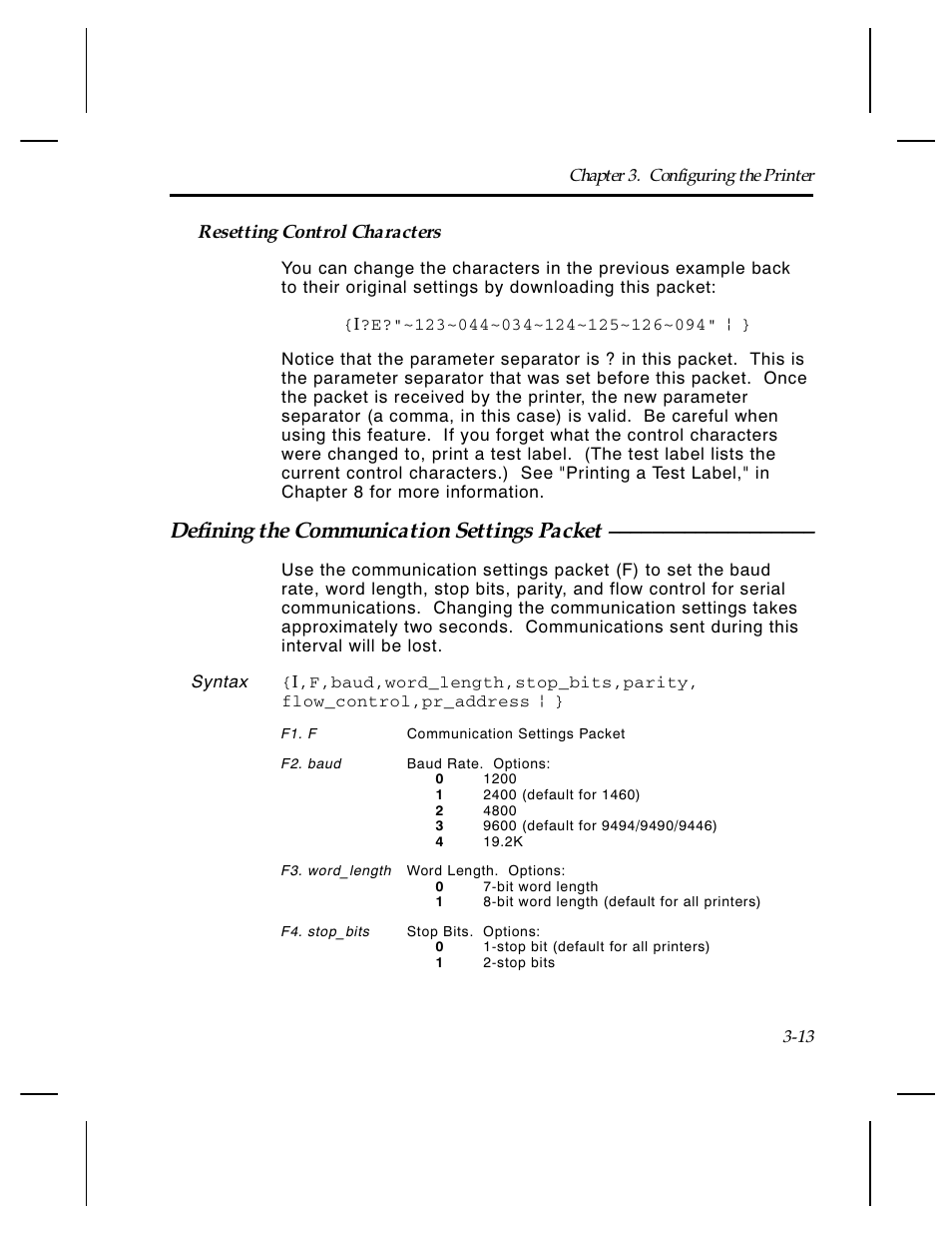 Defining the communication settings packet, Resetting control characters | Paxar Monarch TCMPCL2PR User Manual | Page 33 / 217