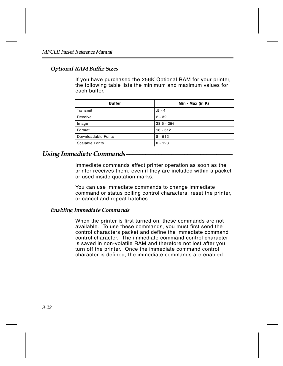 Using immediate commands, Optional ram buffer sizes, Enabling immediate commands | Paxar Monarch TCMPCL2PR User Manual | Page 42 / 217