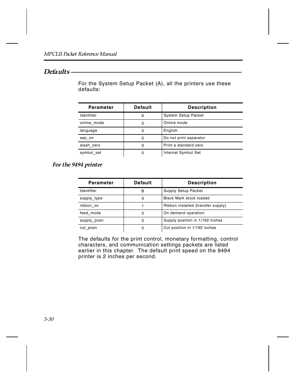 Defaults, For the 9494 printer | Paxar Monarch TCMPCL2PR User Manual | Page 50 / 217