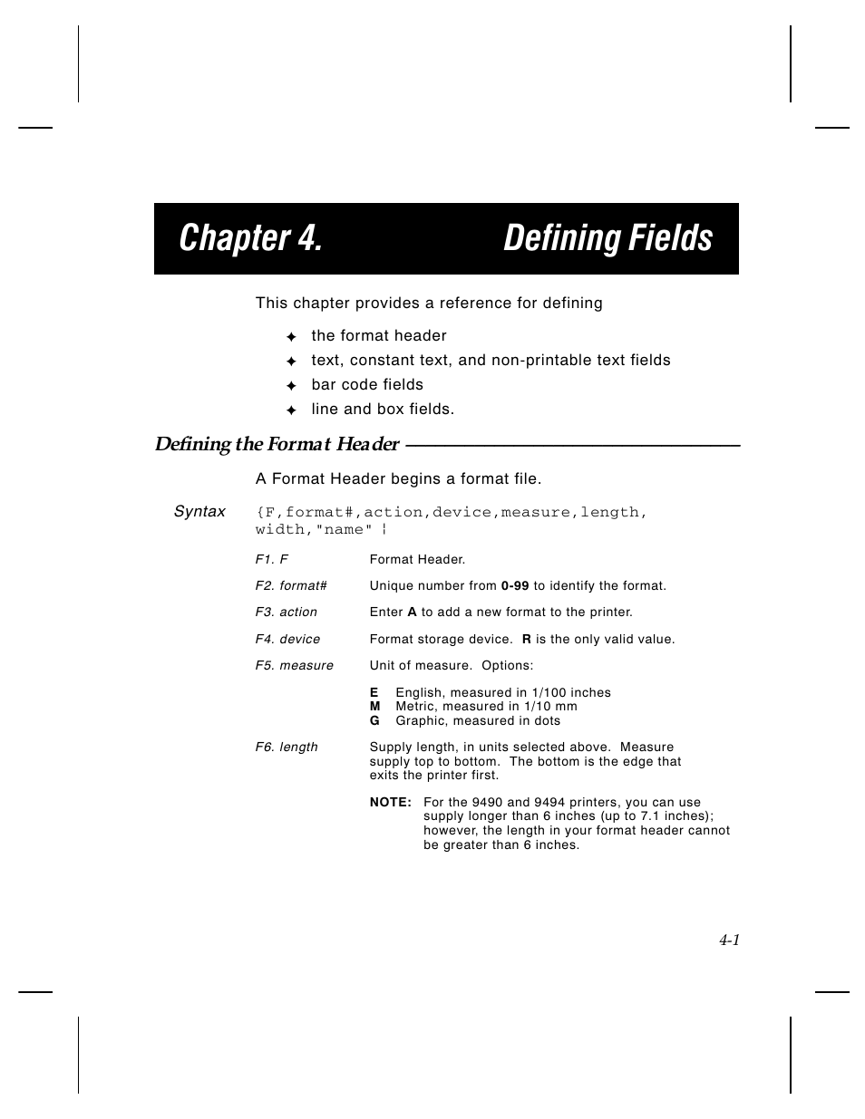 Chapter 4. defining fields, Defining the format header | Paxar Monarch TCMPCL2PR User Manual | Page 53 / 217