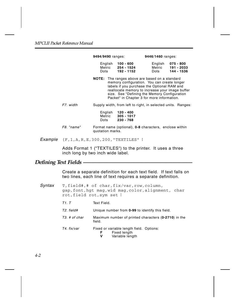 Defining text fields | Paxar Monarch TCMPCL2PR User Manual | Page 54 / 217