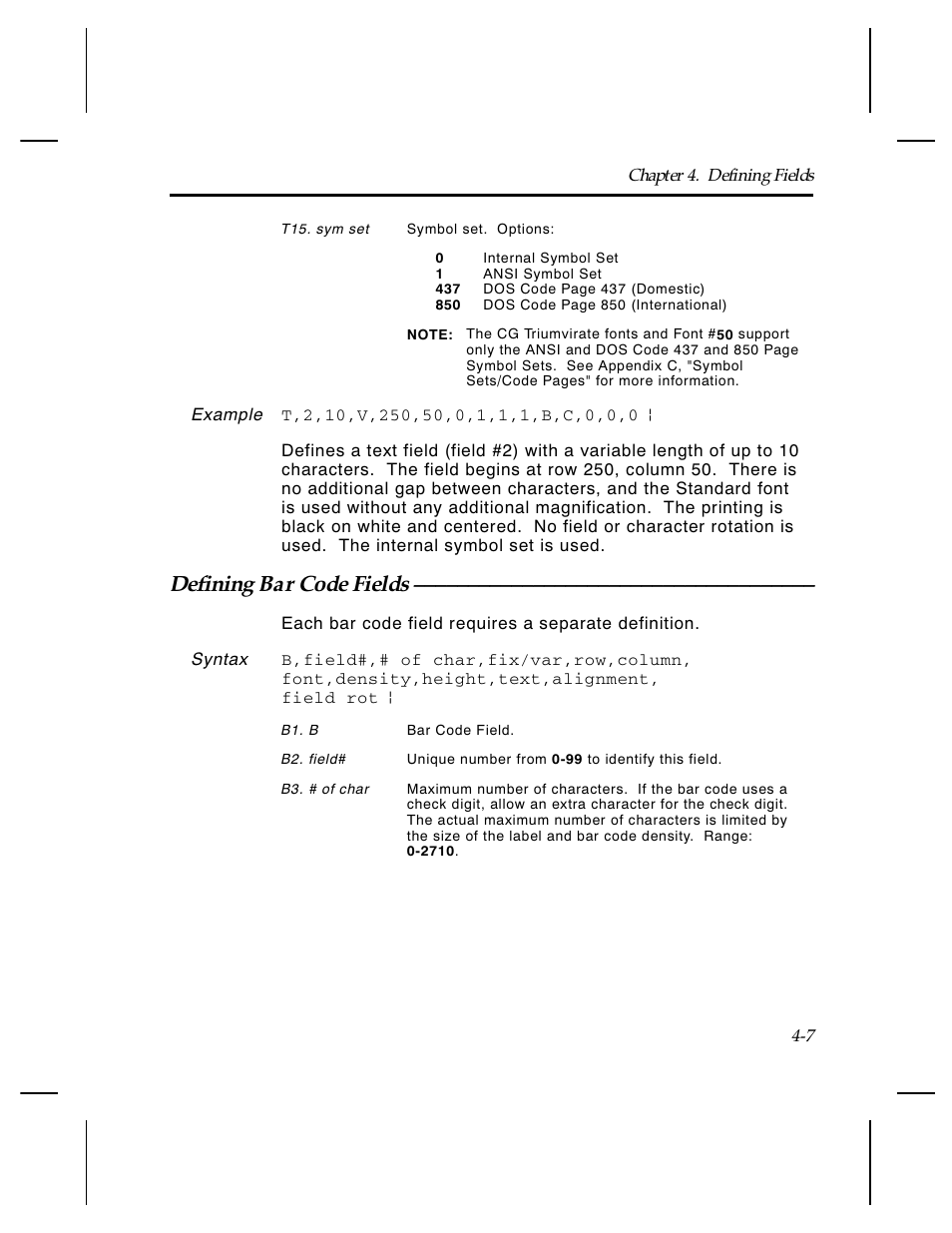 Defining bar code fields | Paxar Monarch TCMPCL2PR User Manual | Page 59 / 217