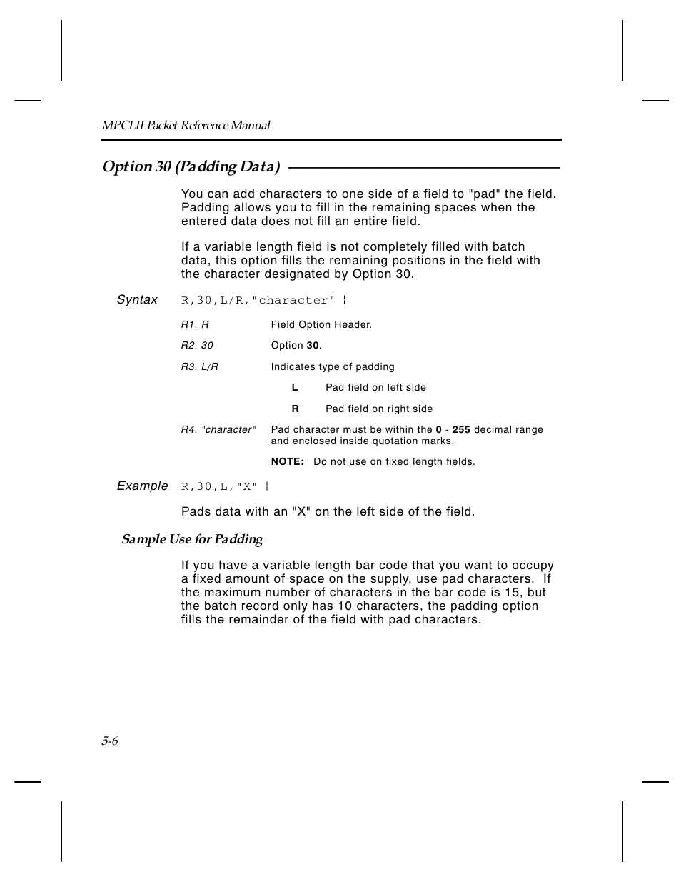 Option 30 (padding data) | Paxar Monarch TCMPCL2PR User Manual | Page 82 / 217