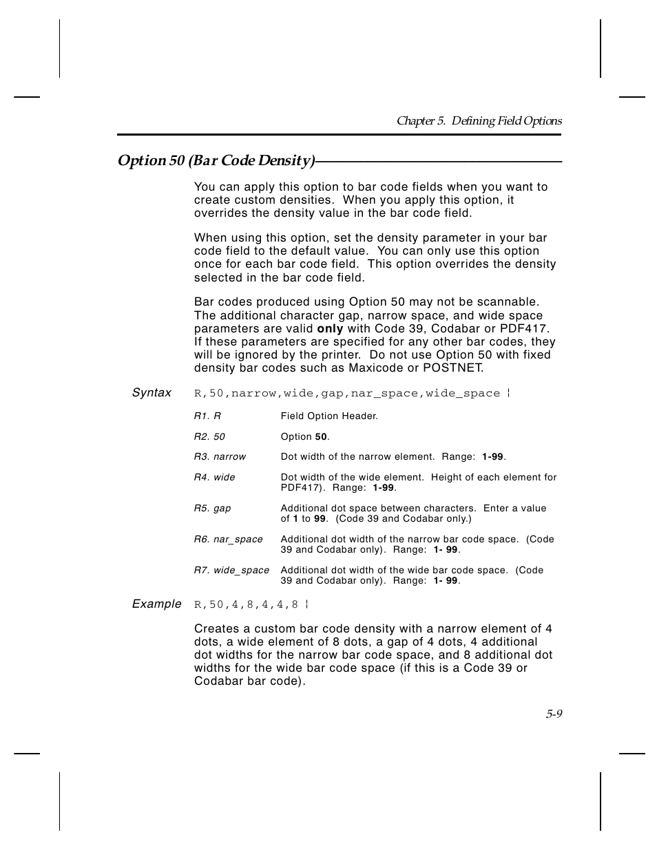 Option 50 (bar code density) | Paxar Monarch TCMPCL2PR User Manual | Page 85 / 217