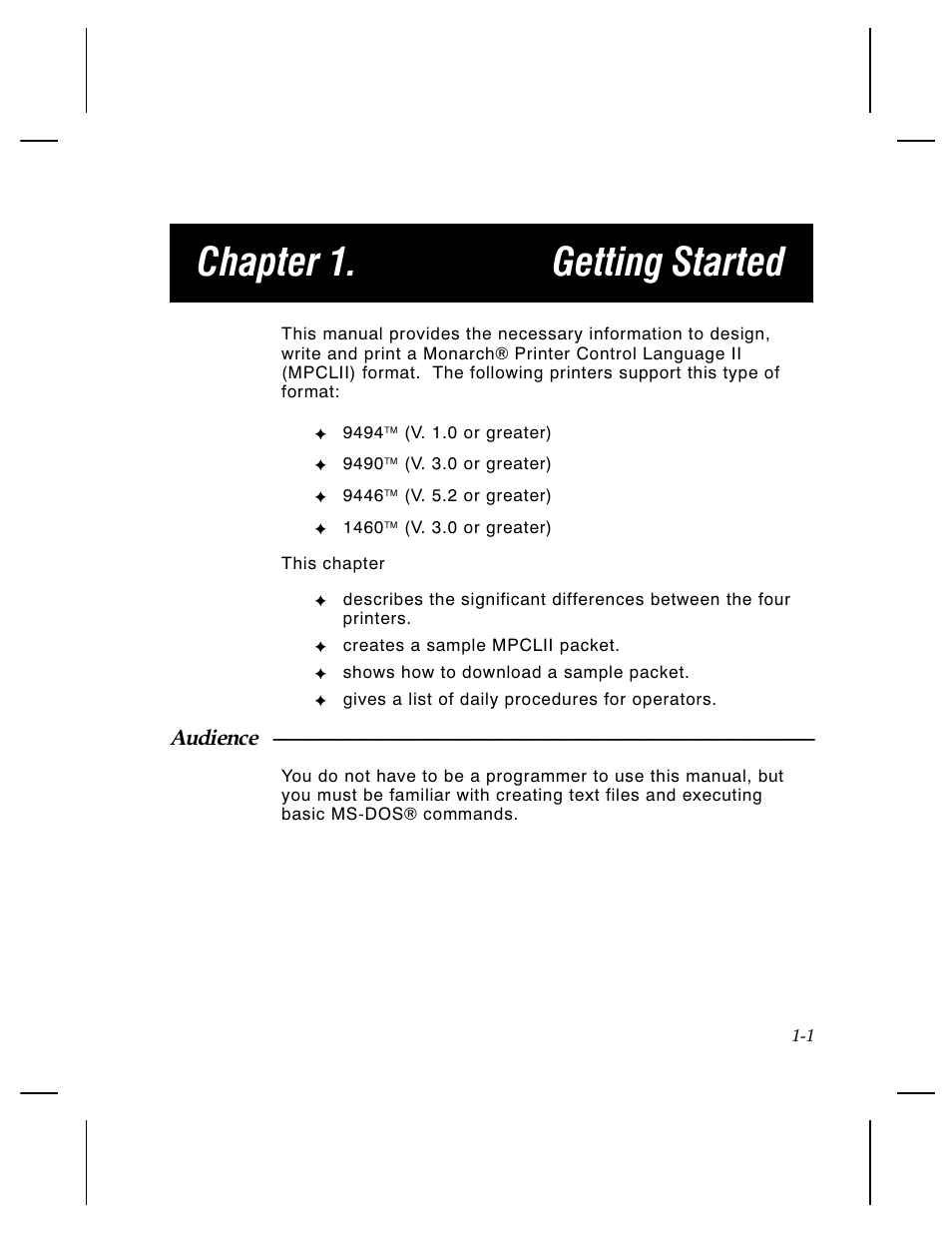 Chapter 1. getting started, Audience | Paxar Monarch TCMPCL2PR User Manual | Page 9 / 217