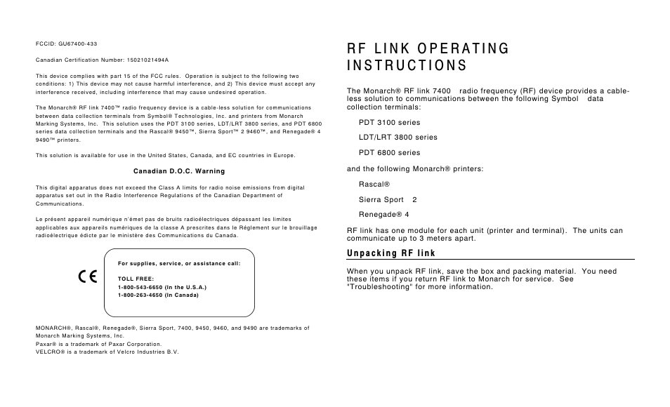 Paxar Monarch RF Link 7400 User Manual | 16 pages