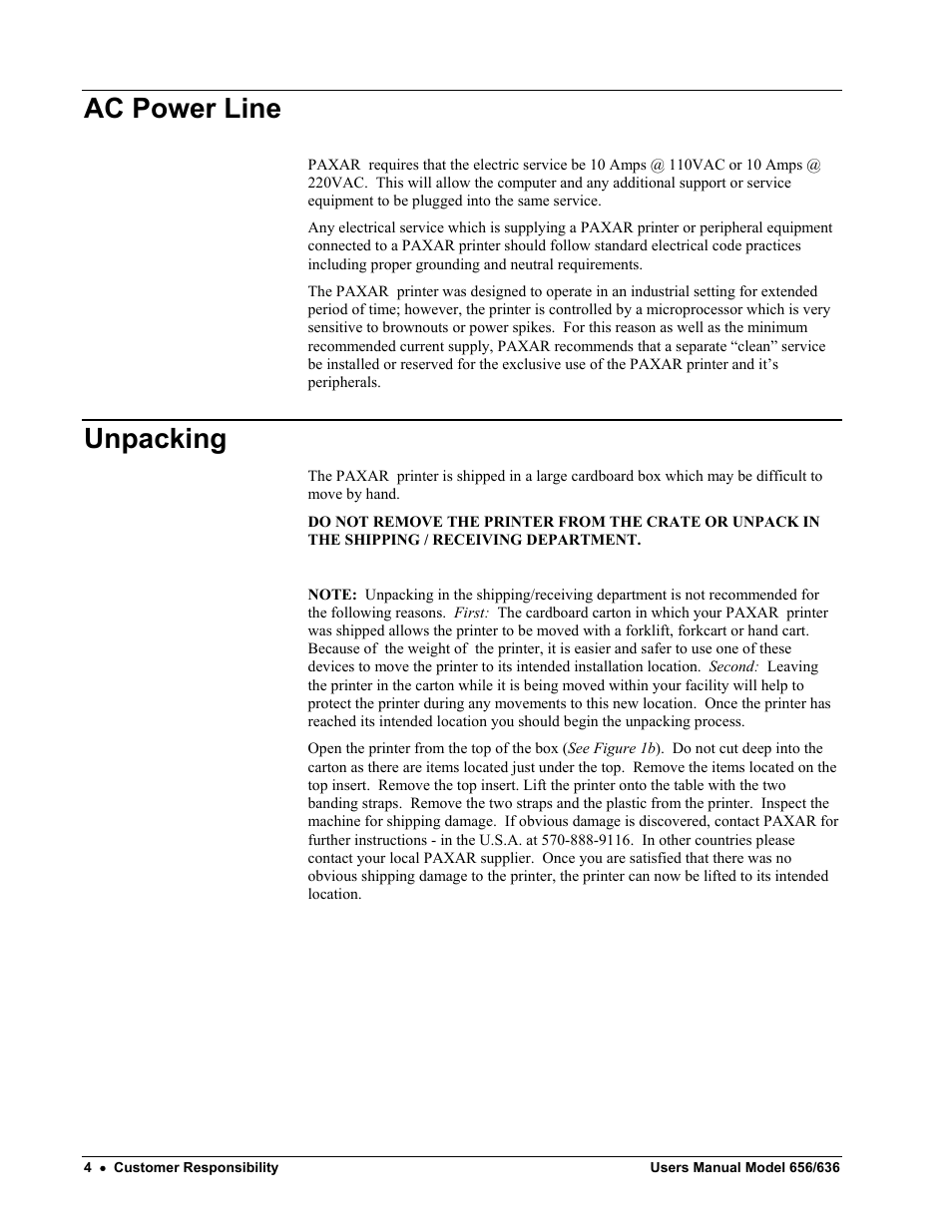 Ac power line, Unpacking | Paxar 656 / 636 User Manual | Page 10 / 115