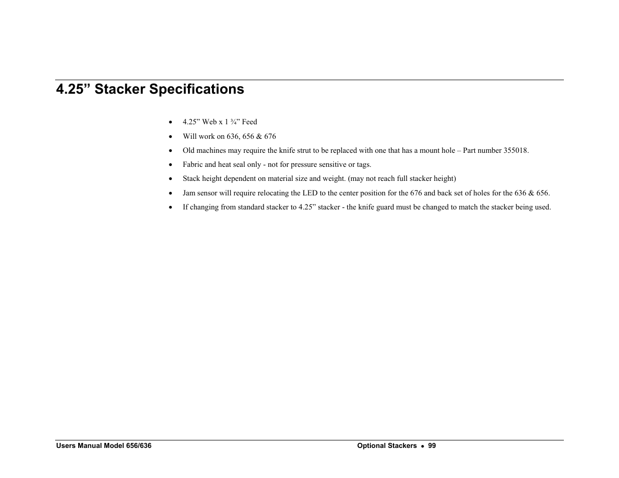 25” stacker specifications | Paxar 656 / 636 User Manual | Page 105 / 115
