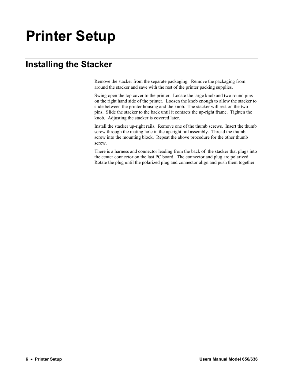 Printer setup, Installing the stacker | Paxar 656 / 636 User Manual | Page 12 / 115