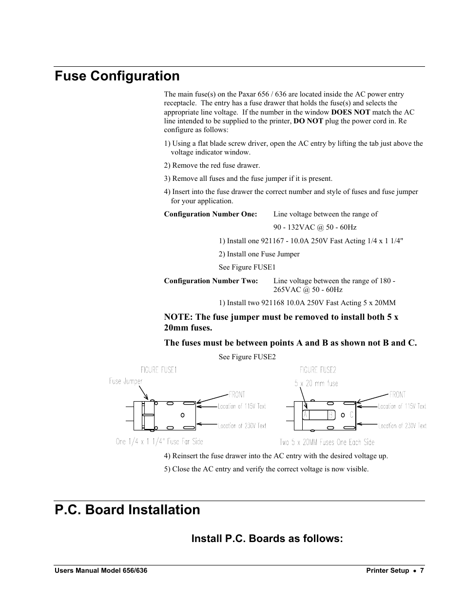 Fuse configuration, P.c. board installation, Install p.c. boards as follows | Paxar 656 / 636 User Manual | Page 13 / 115