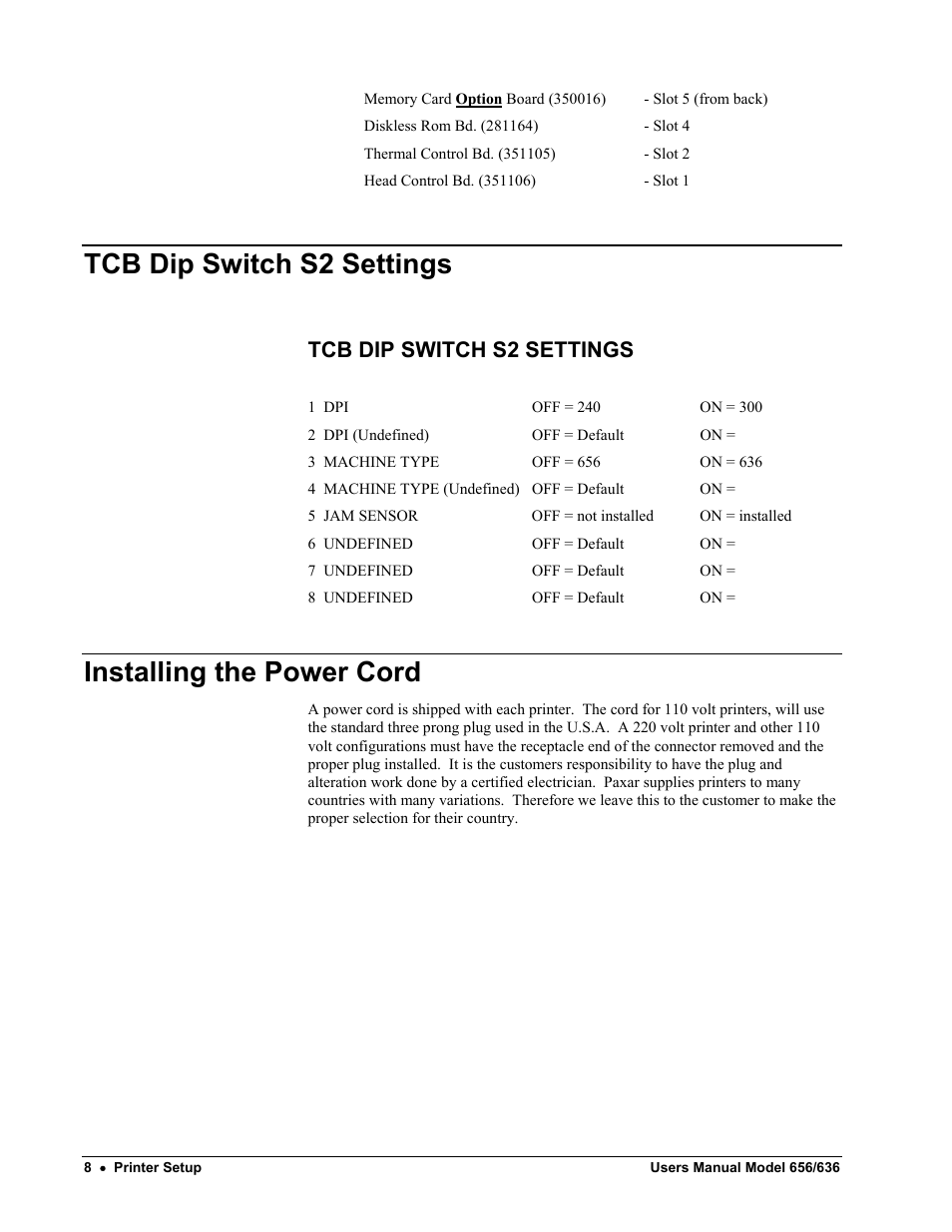 Tcb dip switch s2 settings, Installing the power cord | Paxar 656 / 636 User Manual | Page 14 / 115