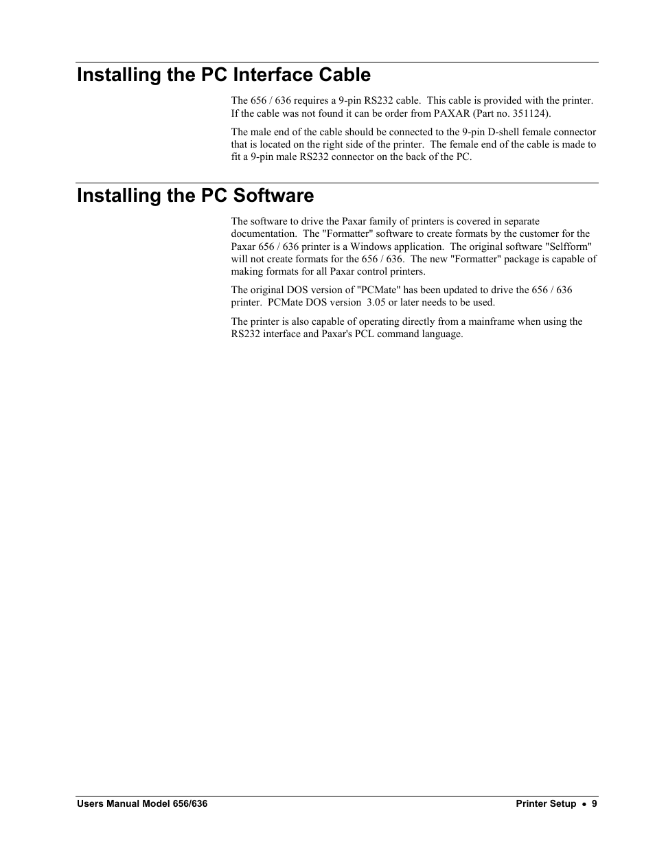 Installing the pc interface cable, Installing the pc software | Paxar 656 / 636 User Manual | Page 15 / 115
