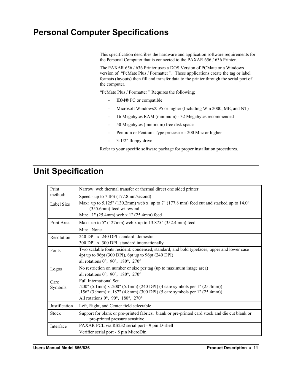 Personal computer specifications, Unit specification | Paxar 656 / 636 User Manual | Page 17 / 115