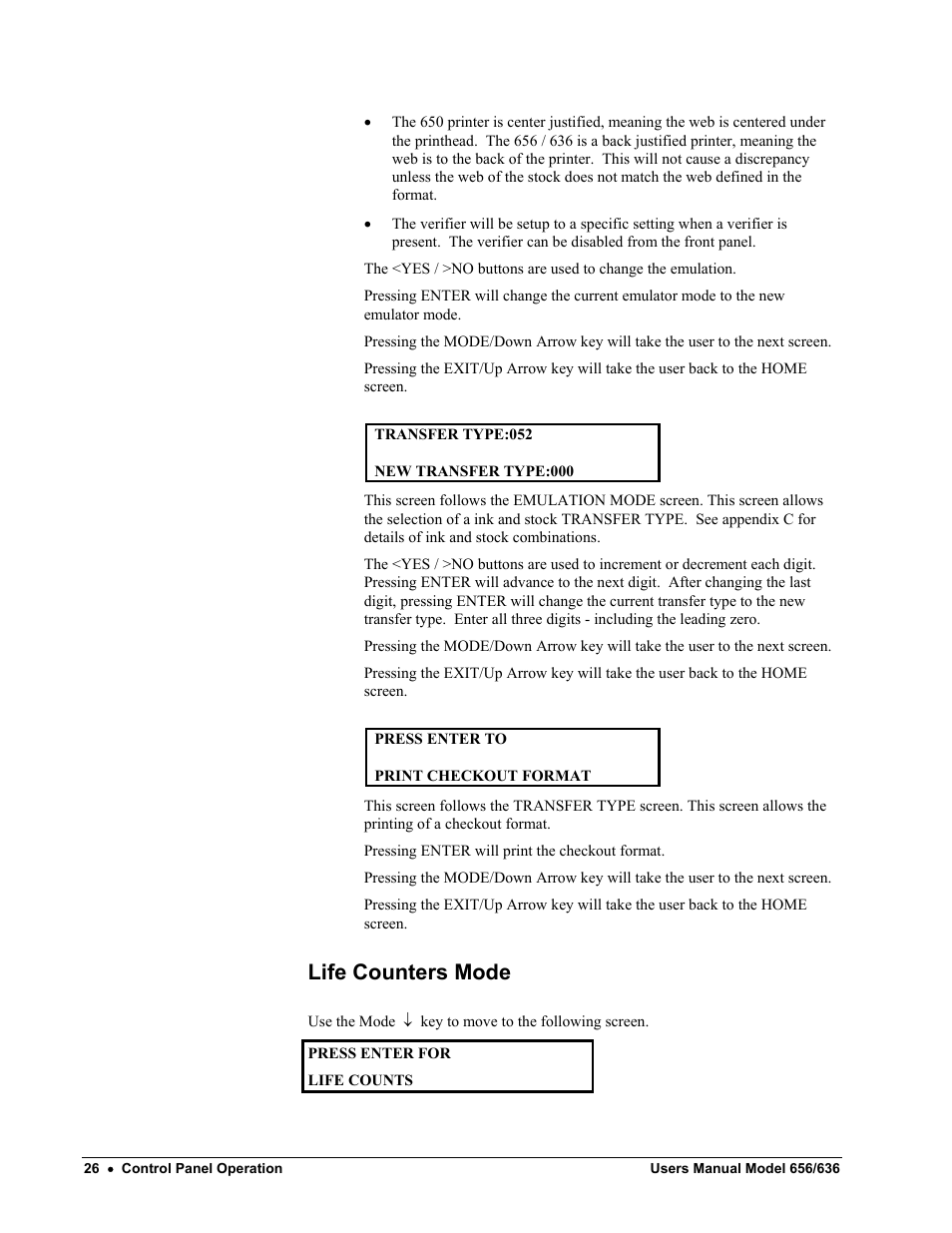 Life counters mode | Paxar 656 / 636 User Manual | Page 32 / 115