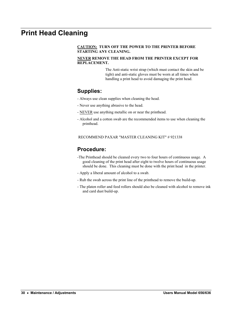 Print head cleaning, Supplies, Procedure | Paxar 656 / 636 User Manual | Page 36 / 115