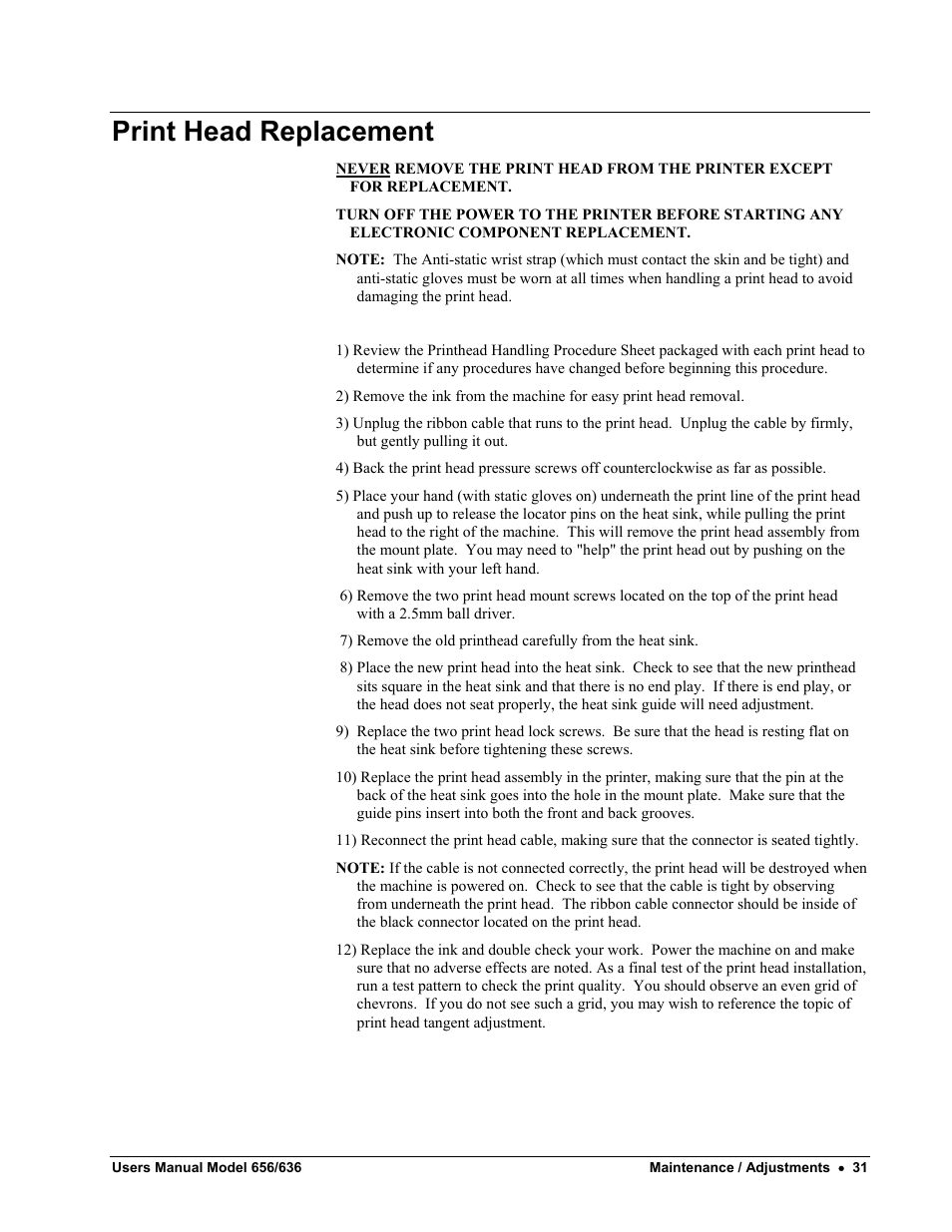 Print head replacement | Paxar 656 / 636 User Manual | Page 37 / 115
