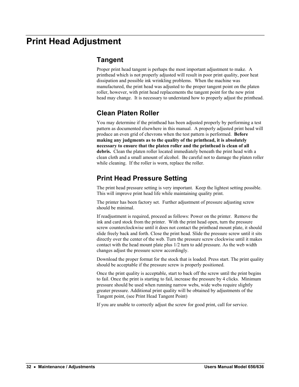 Print head adjustment, Tangent, Clean platen roller | Print head pressure setting | Paxar 656 / 636 User Manual | Page 38 / 115