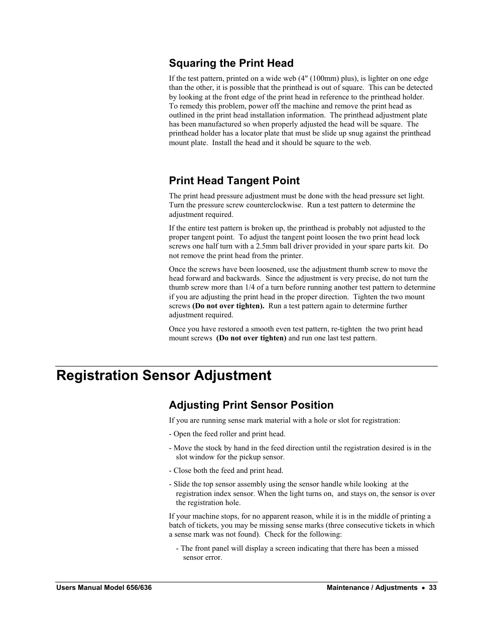 Registration sensor adjustment, Squaring the print head, Print head tangent point | Adjusting print sensor position | Paxar 656 / 636 User Manual | Page 39 / 115