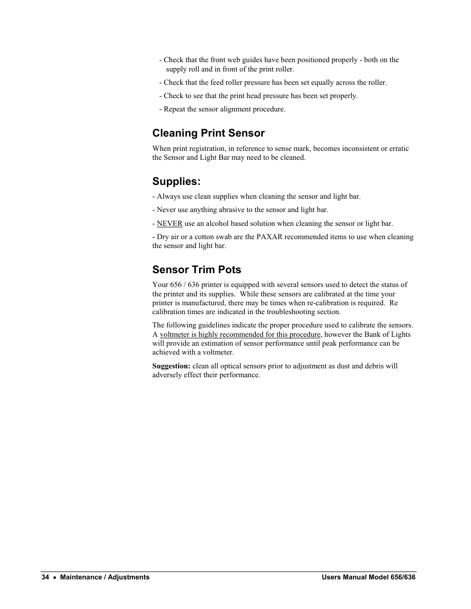 Cleaning print sensor, Supplies, Sensor trim pots | Paxar 656 / 636 User Manual | Page 40 / 115