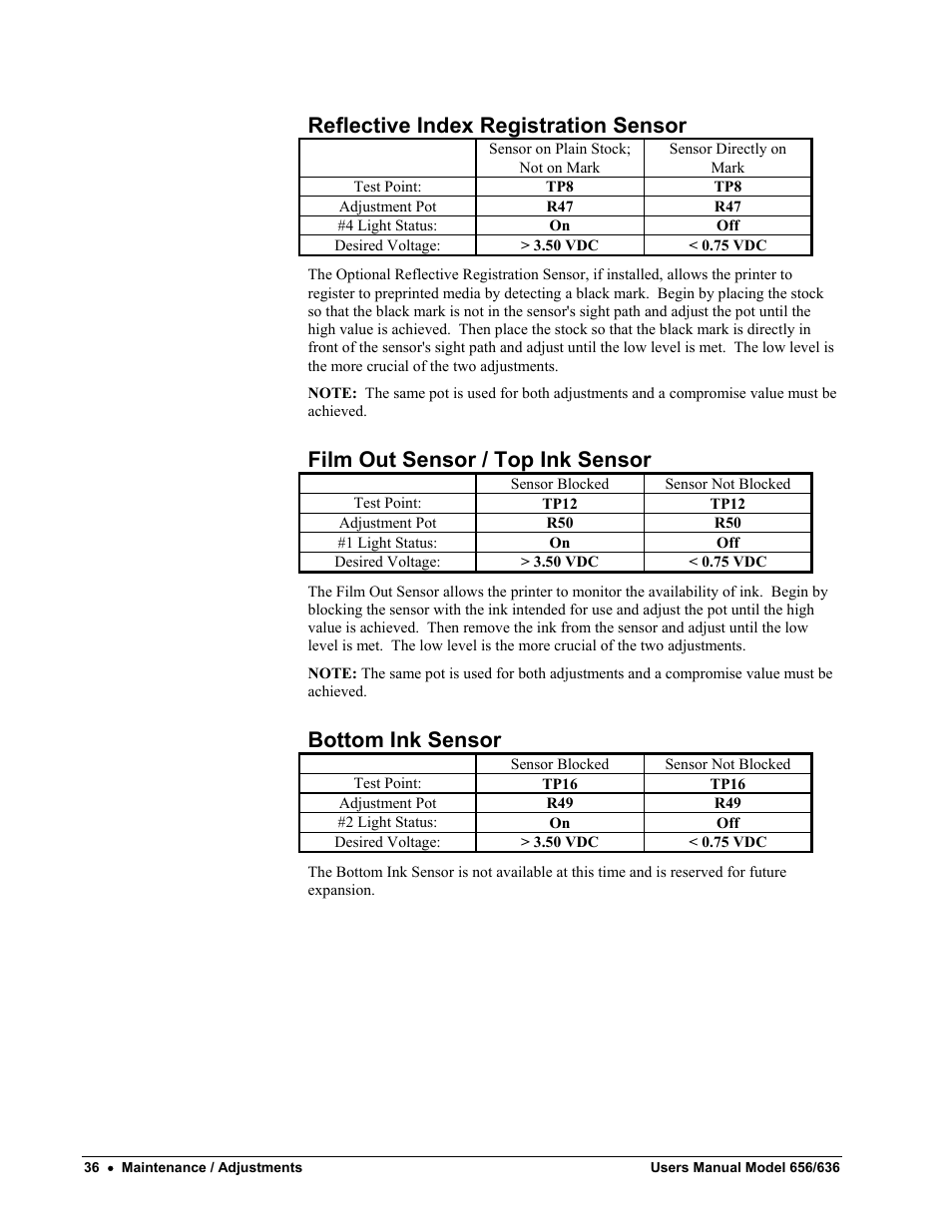 Reflective index registration sensor, Film out sensor / top ink sensor, Bottom ink sensor | Paxar 656 / 636 User Manual | Page 42 / 115