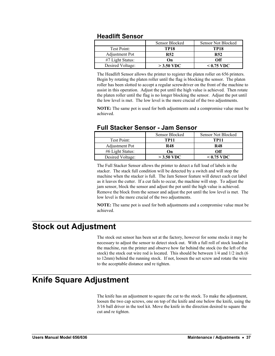 Stock out adjustment, Knife square adjustment, Headlift sensor | Full stacker sensor - jam sensor | Paxar 656 / 636 User Manual | Page 43 / 115