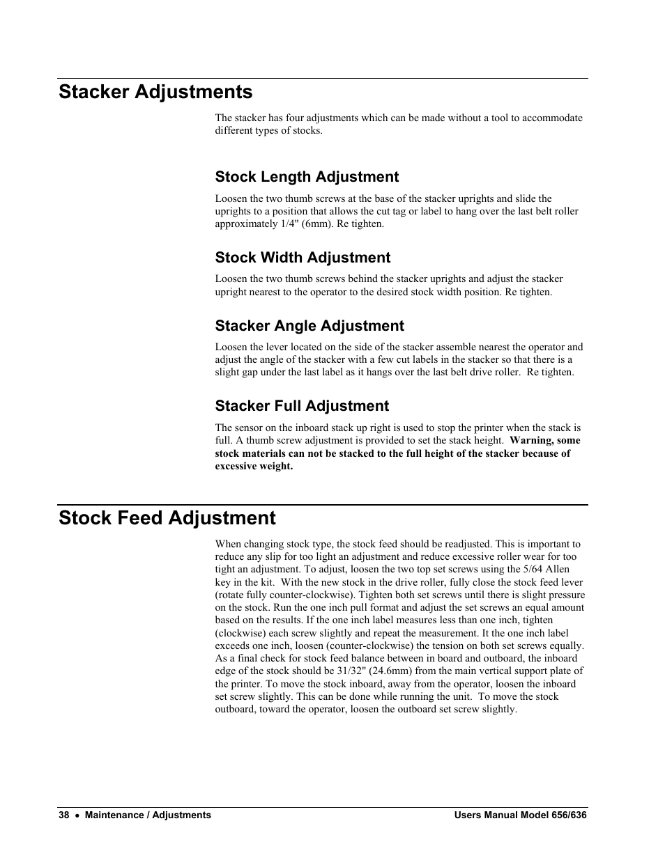 Stacker adjustments, Stock feed adjustment | Paxar 656 / 636 User Manual | Page 44 / 115