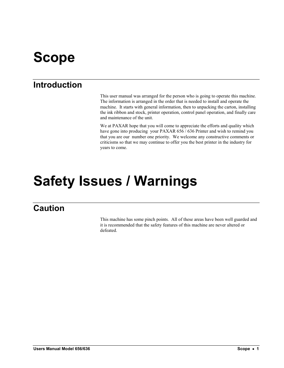 Scope, Safety issues / warnings, Introduction | Caution | Paxar 656 / 636 User Manual | Page 7 / 115
